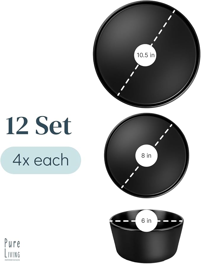 Ceramic Dinnerware Set - Scratch Resistant, Dishwasher & Microwave Safe Stoneware - 12 Piece Plates and Bowls for 4 - Matte Black