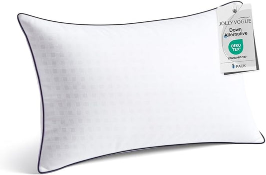 JOLLYVOGUE Queen Size Bed Pillow 1-Pack，Single Pillow for Sleeping, Breathable and Supportive with Down Alternative Fill, Hotel Collection Pillow for Side, Back, and Stomach Sleepers
