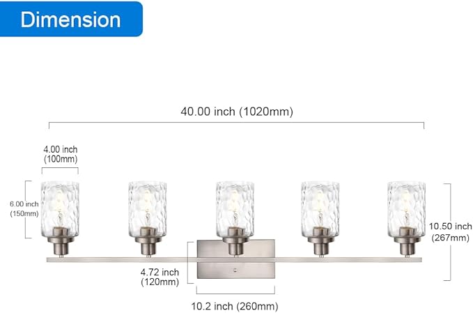 MELUCEE 5-Light Bathroom Light Fixtures Brushed Nickel Finish, Modern Vanity Light Industrial Wall Lamp with Clear Hammered Glass Shade for Powder Room Bedroom (Patent No.: US D963914 S)