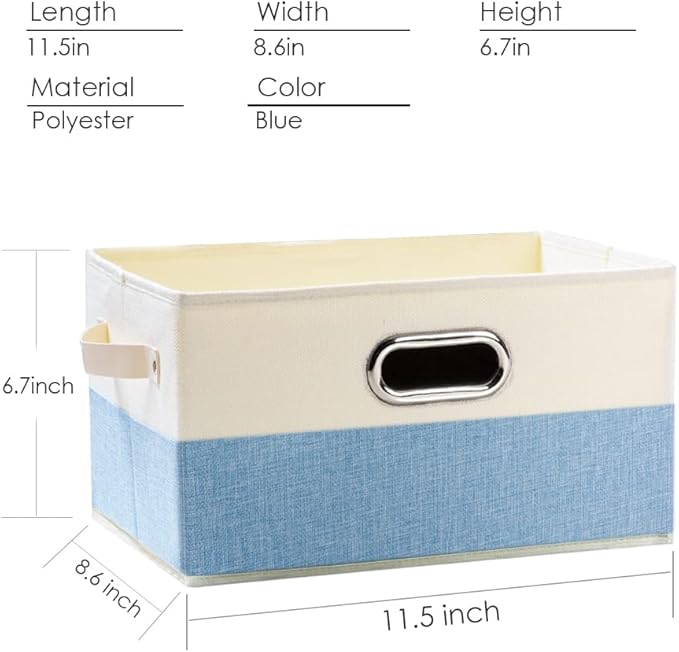 PRANDOM Fodable Storage Bins for Closet [3-Pack] Decorative Fabric Storage Baskets Cubes with Leather/Metal Handles for Shelves Bedroom Living Room Blue&Cream (11.5x8.5x6.7 Inch)