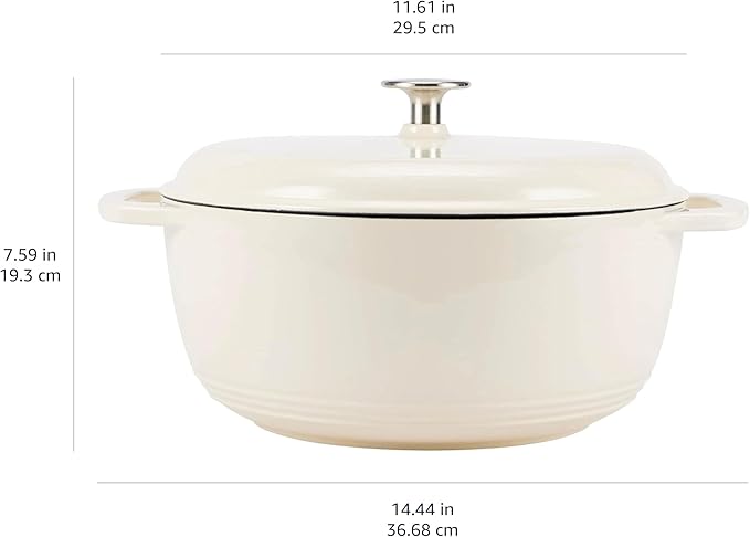 Amazon Basics Cast Iron Dutch Oven Pot with Lid, Enameled, Round, Dual Handles, Heavy-Duty, Large, 7.3-Quart, White