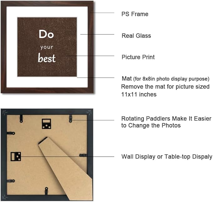 11x11 Picture Frame Set of 3 with Real Glass for Pictures 8x8 with Mat or 11x11 Without Mat, Wall Gallery or Tabletop display Photo Frames in Walnut