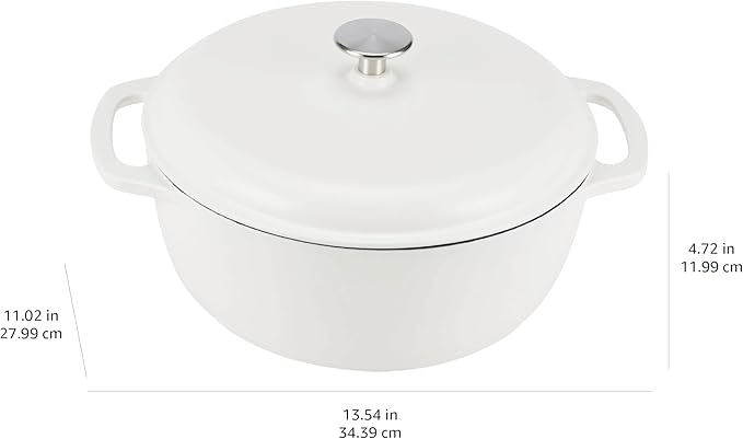 Amazon Basics Cast Iron Dutch Oven Pot with Lid, Enameled, Round, Dual Handles, Heavy-Duty, Medium, 6-Quart, Matte White