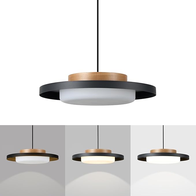 Dimmable Pendant Lights,15 inch,Natural Wood Cap,3000K/Warm White/22W,LED Pendant Light Fixtures for Kitchen, Dining Room, Living Room,Black