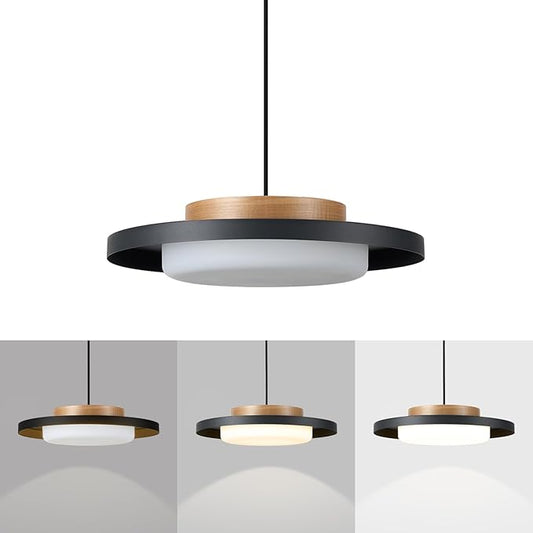 Dimmable Pendant Lights,15 inch,Natural Wood Cap,3000K/Warm White/22W,LED Pendant Light Fixtures for Kitchen, Dining Room, Living Room,Black