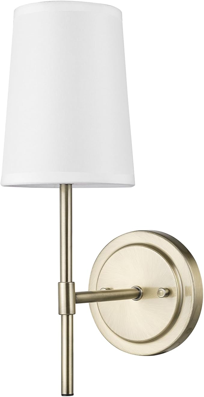 GLOBE Electric 51861 Clarissa 1-Light Wall Sconce, Matte Brass, White Fabric Shade, Bulb Not Included
