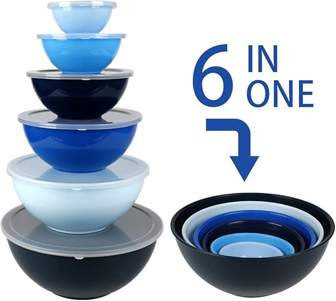 BoxedHome BPA Free Plastic Round Mixing Bowl with Lids, 12 Pack Nesting Bowls with Lids Set, Microwave and Dishwasher Safe Prep & Serving Bowls Great for Mixing, Baking, Serving (Blue, 12pcs)