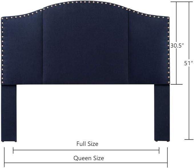 24KF Middle Century Linen Upholstered Tufted Queen Size Headboard with Antique Brass Nails Queen/Full headboard -Navy Blue