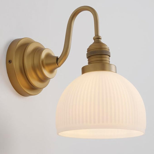 Gold Wall Sconces,Hardwire Bathroom Vanity Light with Striped Bowl Milk Glass Vintage Brass Wall Mounted lamp Lights for Bathroom Mirror Living Room Bedroom Kitchen E26 Indoor