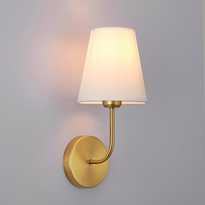 Antique Brass Hardwired Wall Sconce Set of 2 - Matte Gold Finish with White Fabric Shades，Bedroom Lighting, Living Room, Farmhouse, Fireplace, Hallway, Bedside Lamp,bathroom Hardwired Wall Lights