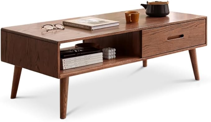 100% Solid Wood Coffee Table with Storage, Mid Century Modern Coffee Tables for Living Room, 39.37" W Coffee Table with 2 Drawers for Home (Oak Walnut Colour)