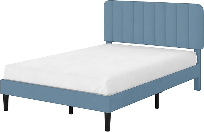VECELO Full Size Bed Frame with Upholstered Headboard, Velvet Platform Bedframe Mattress Foundation, Strong Wood Slat Support, No Box Spring Needed,Sky Blue
