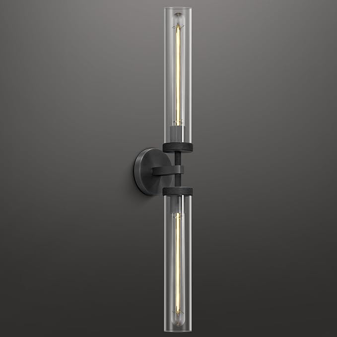 Black Wall Sconces Hardwired, 30" Bronze Wall Sconce for Bathroom, Linear Sconces Wall Lighting, 2-Light Knurled Wall Sconce Dimmable, Vanity Light with Tube Glass, Bathroom Light Fixtures over Mirror