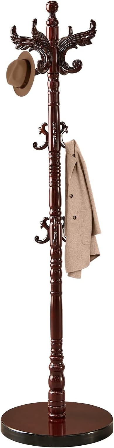 Wooden Coat Rack Stand, Vintage Natural Birch Wood Coat Racks Freestanding, Solid Wood Coat Tree Stand with 14 Hooks, Classic Sturdy Coat Racks Hall Tree for Entryway, Office (Round chassis)