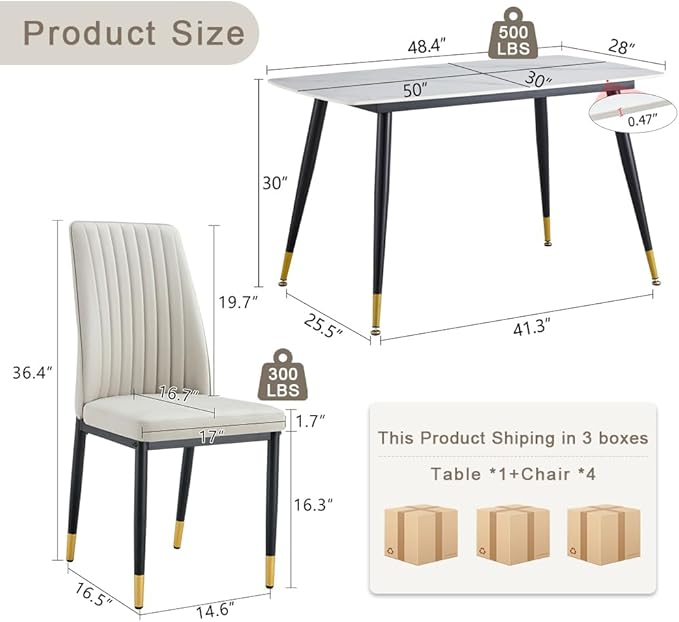 50" White Modern Sintered Stone Dining Table Set for 4 Faux Marble Dining Table with 4 Upholstered PU Leather Chair Dining Room Table Set(1White Table+4Gray Chairs)
