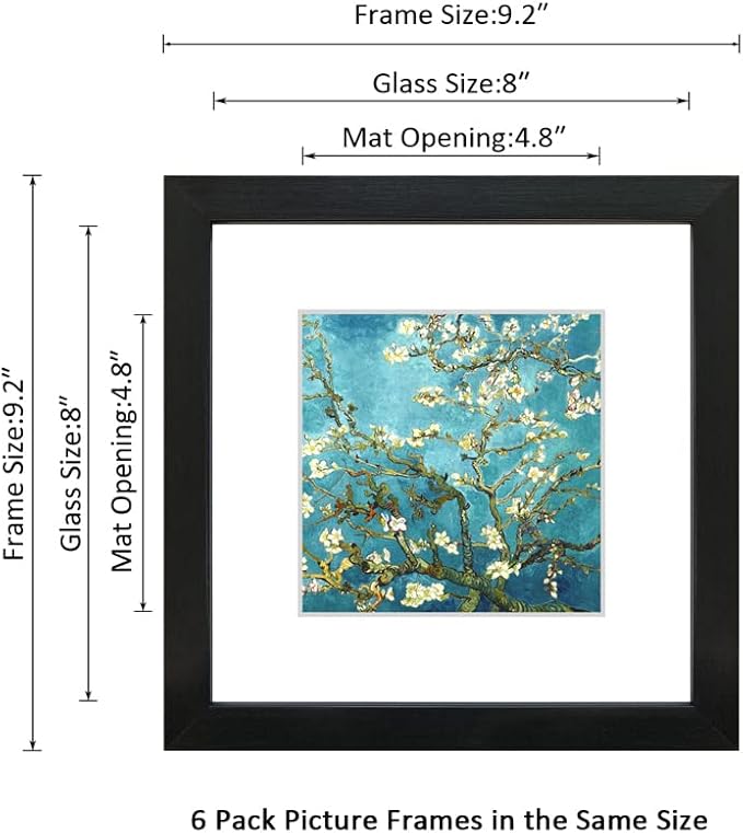8x8 Picture Frame Set of 6 with Real Glass for Pictures 5x5 with Mat or 8x8 Without Mat, Wall Gallery or Tabletop display Photo Frames in Black
