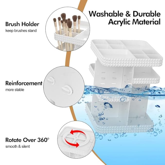360°Rotating Makeup Organizer, Large Capacity Vanity Organizer with DIY Adjustable Trays, Makeup Brush Cosmetic Skincare Organizer Spinning Holder Shelf Storage Rack, Perfume Organizer For Dresser