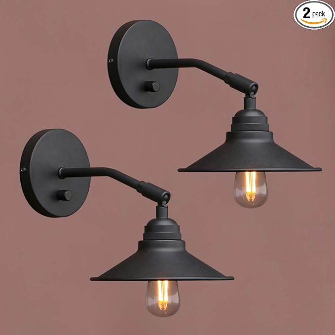 Yosoan Set of 2 Indoor Bedside Wall Sconce with On Off Switch, Hardwired Vanity Vintage Wall Mount Light Fixture, 340 Degree Angle with 7.1" Matte Black Shade Lamp for Reading Bedroom Sink(Black)