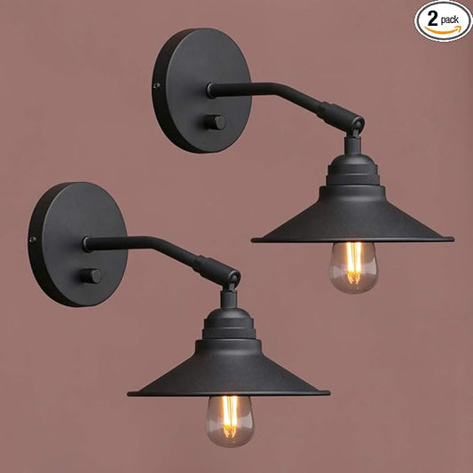 Yosoan Set of 2 Indoor Bedside Wall Sconce with On Off Switch, Hardwired Vanity Vintage Wall Mount Light Fixture, 340 Degree Angle with 7.1" Matte Black Shade Lamp for Reading Bedroom Sink(Black)