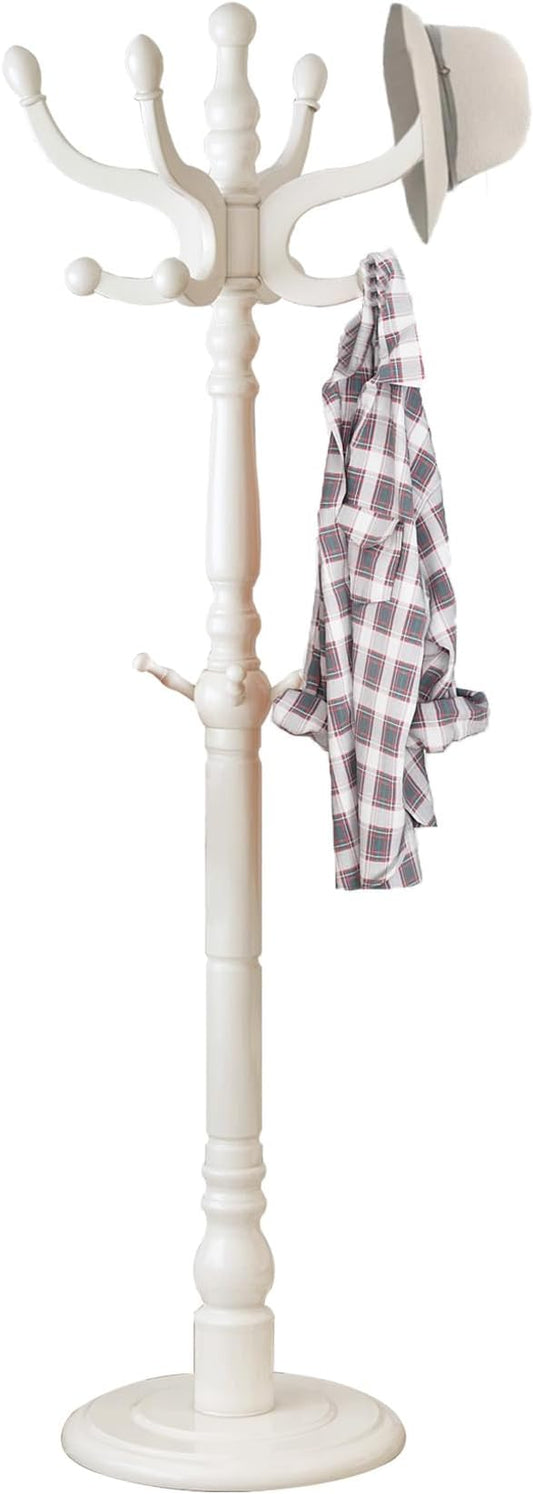 Wooden Coat Rack, Heavy Duty Coat Rack Freestanding with 11 Smooth Hooks, Coat Tree, Vintage Clothes Hanger Stand with Stable Disc Base for Bedroom, Entryway, Office-Load 180lbs (Ivory White)