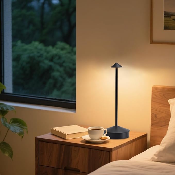 EJQ Cordless Table Lamps, 3 Colors Stepless Dimming Touch Lamp, Outdoor 6000mAh Rechargeable Battery LED Desk Lamp for Bedroom/Couple Dinner/Desk/Cafe/Dining Room (Black)