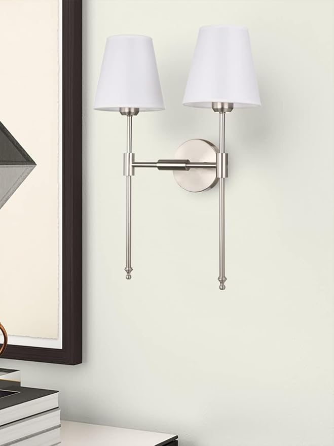 PERMO Classic Transitional Double Sconce 2-Lights Wall Sconce Lighting Fixture with Flared White Textile Lampshade and Brushed Nickel Finished Long Arm for Indoor Bathroom Bedroom Bedside