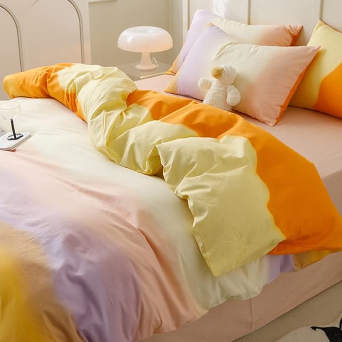 CLOTHKNOW Orange Yellow Queen Comforter Set 3Pcs Purple Beige Bedding Comforter Sets Abstract Queen Comforter with 2 x Pillow Cases