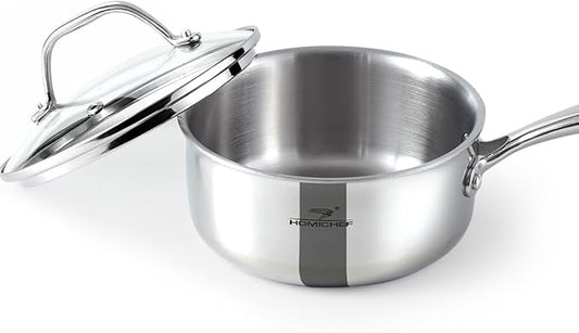 HOMICHEF Mirror Polished NICKEL FREE Stainless Steel 1.5 Quart / 6.5 Inch Sauce Pan with Glass Lid (No Toxic Non Stick Coating, Whole-Clad 3-Ply) Soup Pot Small Cooking Pot