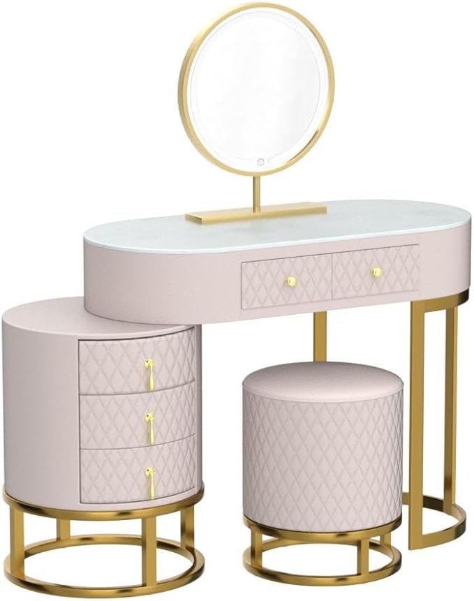 Faux Leather Makeup Vanity Desk Set with LED Lighted Mirror Luxury Dressing Makeup Table with Storage Drawers & Vanity Stool, Pink