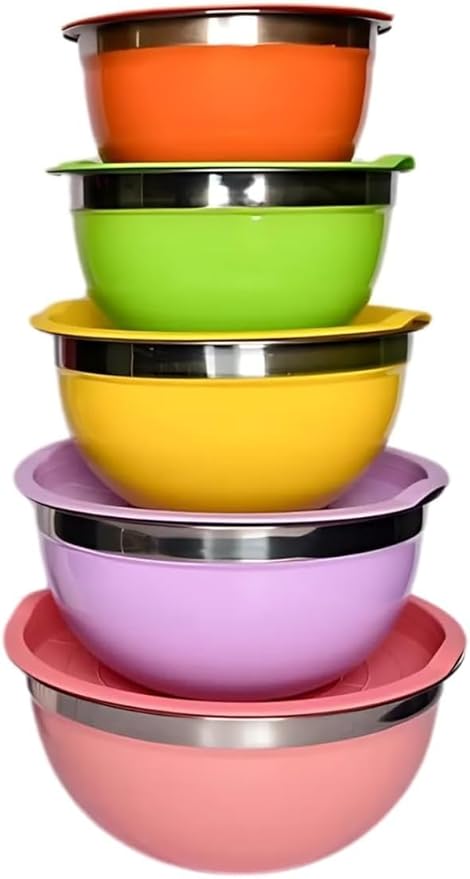 Set of 5 Colorful Stainless Steel Mixing Bowls with Matching Lids – Nesting Design for Space-Saving Storage – Ideal for Cooking, Baking, Meal Prep, Food Storage, and Kitchen Organization