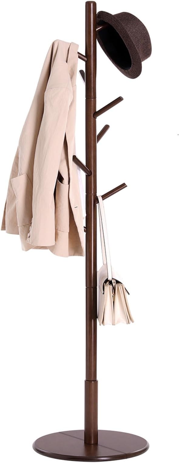 VASAGLE Solid Wood Coat Rack, Free Standing Hall Coat Tree with 8 Hooks, 3 Height Options, for Coats, Hats, Bags, Purses, for Entryway, Hallway, Rubberwood Hooks and Pole, Dark Walnut URCR009W01