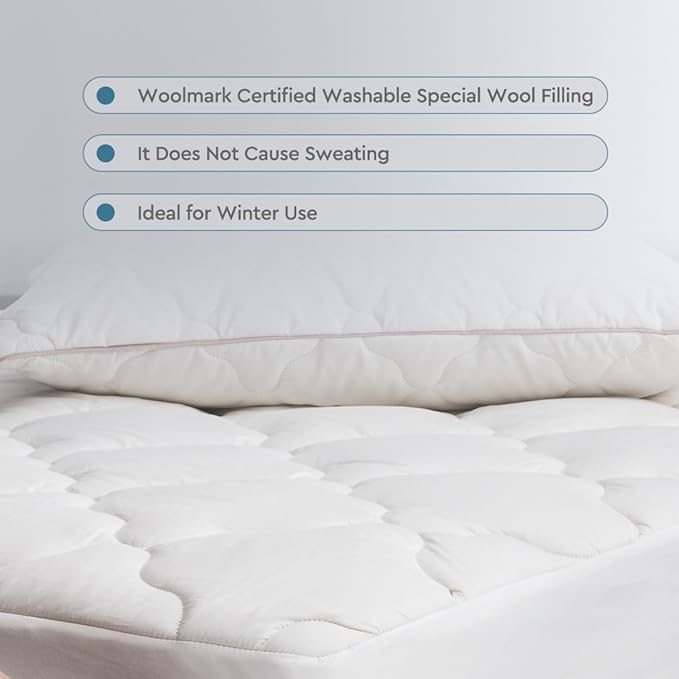 YATAS BEDDING Wool Mattress Protector, Mattress Cover with 100% Cotton Cover & Special Certificated Wool Filling, Bed Cover and Protector, Ecru (Queen Size - 18'' Depth) - 59"x79"