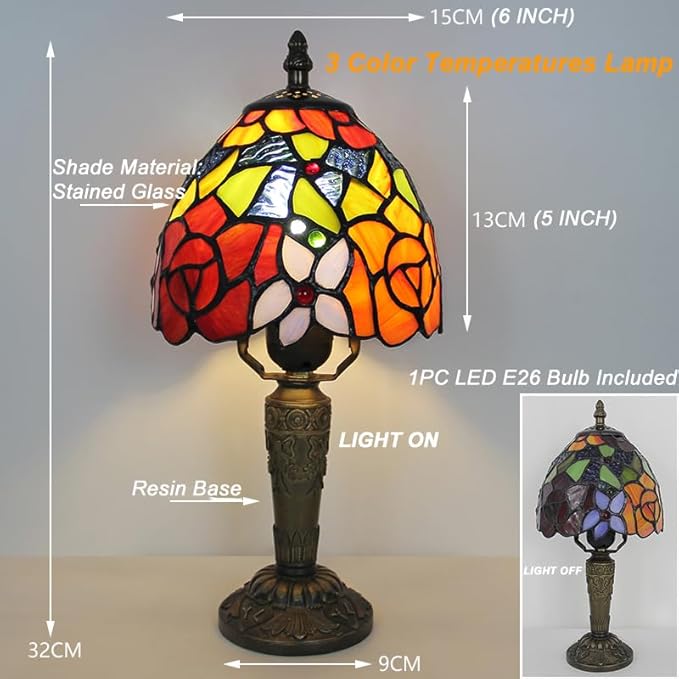 Rose Tiffany Small Table Lamp 3 Way Color Temperatures Stained Glass Bedside Nightstand Table Lamps for Living Room,Bedroom, Home Office Reading Desk Lamp+LED Bulb,6X6X12.5 Inch