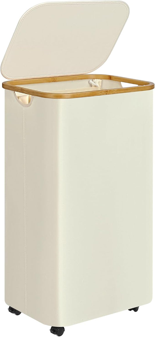 Laundry Basket with Wheels,100L Hampers for Laundry,Large Laundry Hamper with Lid and Bamboo Handles,Collapsible & Waterproof Tall Cloth Hamper for Dormitory Family，Beige