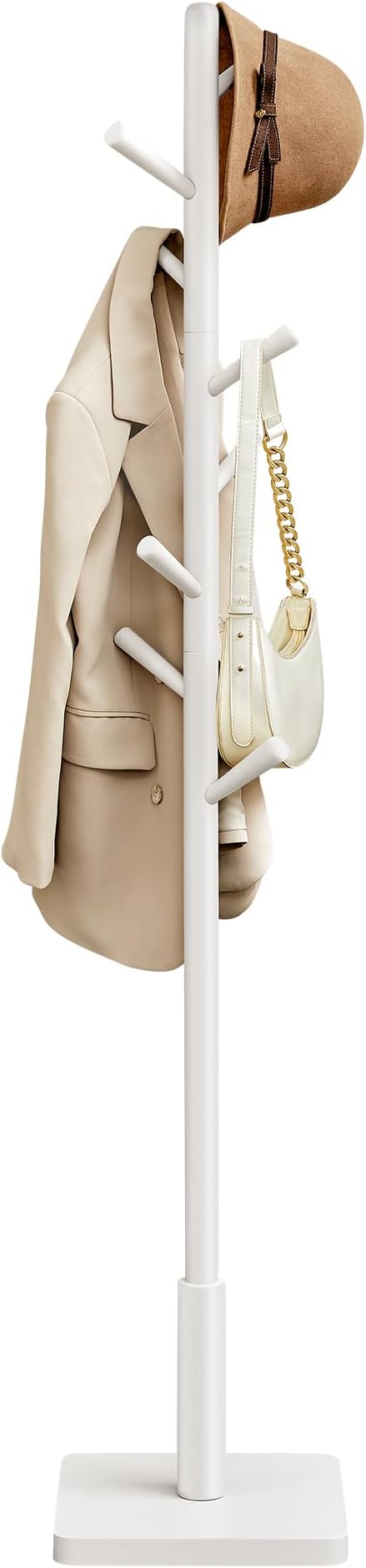 VASAGLE Solid Wood Coat Rack, Free Standing Hall Coat Tree with 8 Hooks, 3 Height Options, for Coats, Hats, Bags, Purses, for Entryway, Hallway, Rubberwood Hooks and Pole, Cloud White URCR010W02