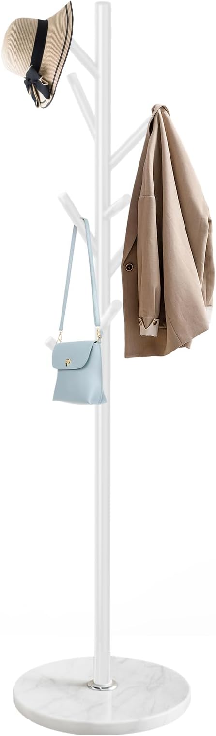 EZIVIEZ Modern Coat Rack Stand, Metal Freestanding Coat Rack with Natural Marble Base, White Coat Racks with 8 Hooks and Coat Hanger Tree Jacket Stand for Office, Entryway, Hallway