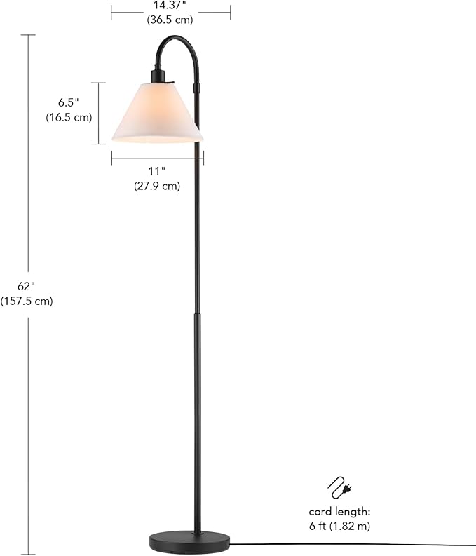 GLOBE Electric 61000146 62" Floor Lamp, Matte Black, White Fabric Shade, On/Off Rotary Switch on Socket, 6-Foot Black Cord, Reading Light, Bedroom, Living Room, Home Decor