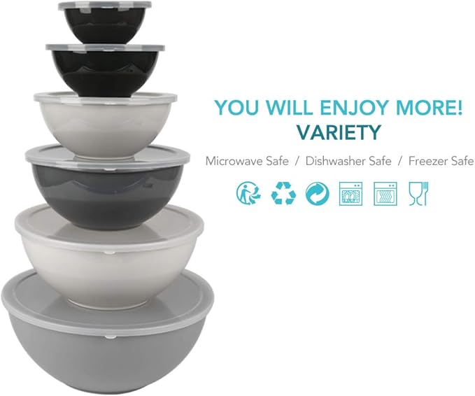 BoxedHome BPA Free Plastic Round Mixing Bowl with Lids, 12 Pack Nesting Bowls with Lids Set, Microwave and Dishwasher Safe Prep & Serving Bowls Great for Mixing, Baking, Serving (Grey, 12pcs)