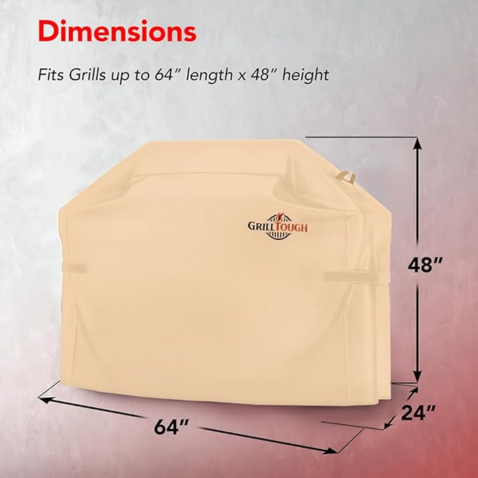 GrillTough Heavy Duty BBQ Grill Cover for Outdoor Grill, 64 Inch – Waterproof, Weather Resistant, UV & Fade Resistant with Adjustable Straps – Gas Grill Cover for Weber, Genesis, Charbroil, etc. Tan