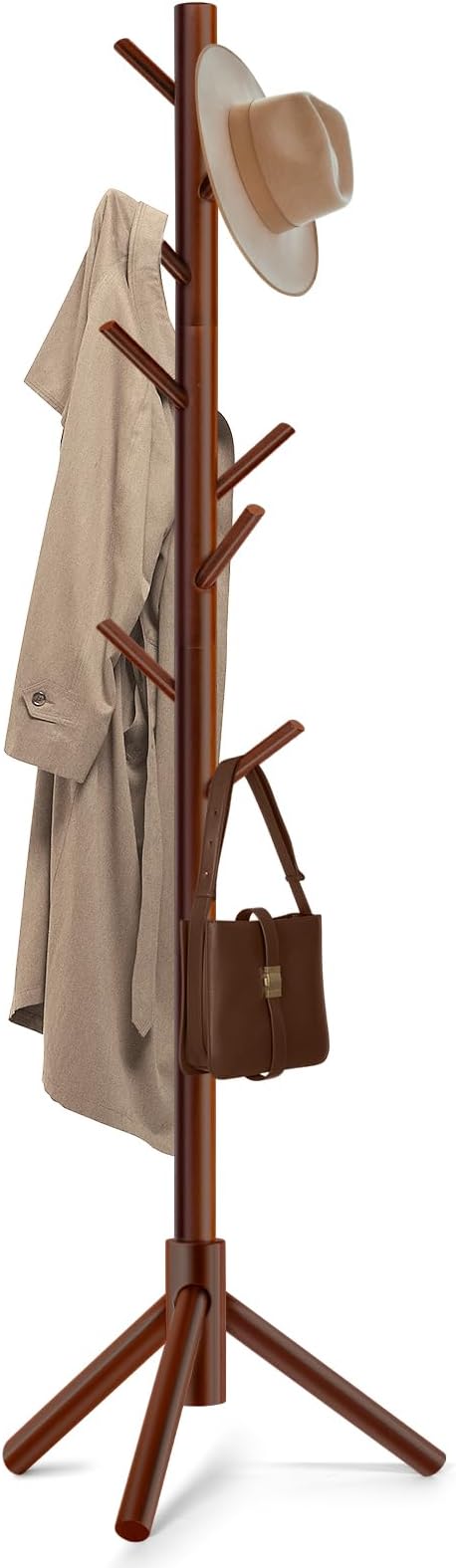 Solid Wooden Coat Rack Freestanding, New Zealand Pine Coat Tree with 8 Hooks & 3 Adjustable Sizes for Coats, Hats, Handbags and Scarves, Space Saving for Entryway/Office/Bedroom (Brown)