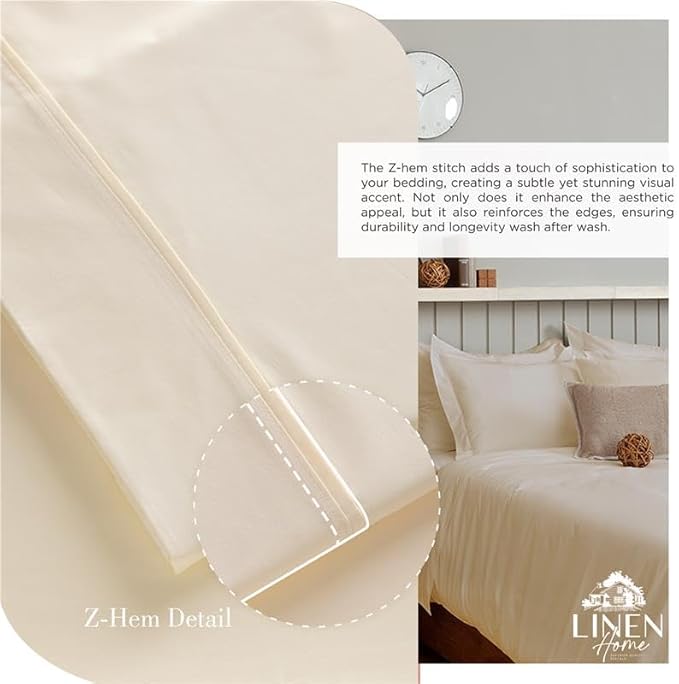 Linen Home 100% Cotton Percale Sheet Set Pack of 2, King Size, Ivory, Deep Pocket, 8 Pieces Set - 2 Flat, 2 Deep Pocket Fitted Sheet and 4 Pillowcases, Crisp Cool and Strong Bed Linen