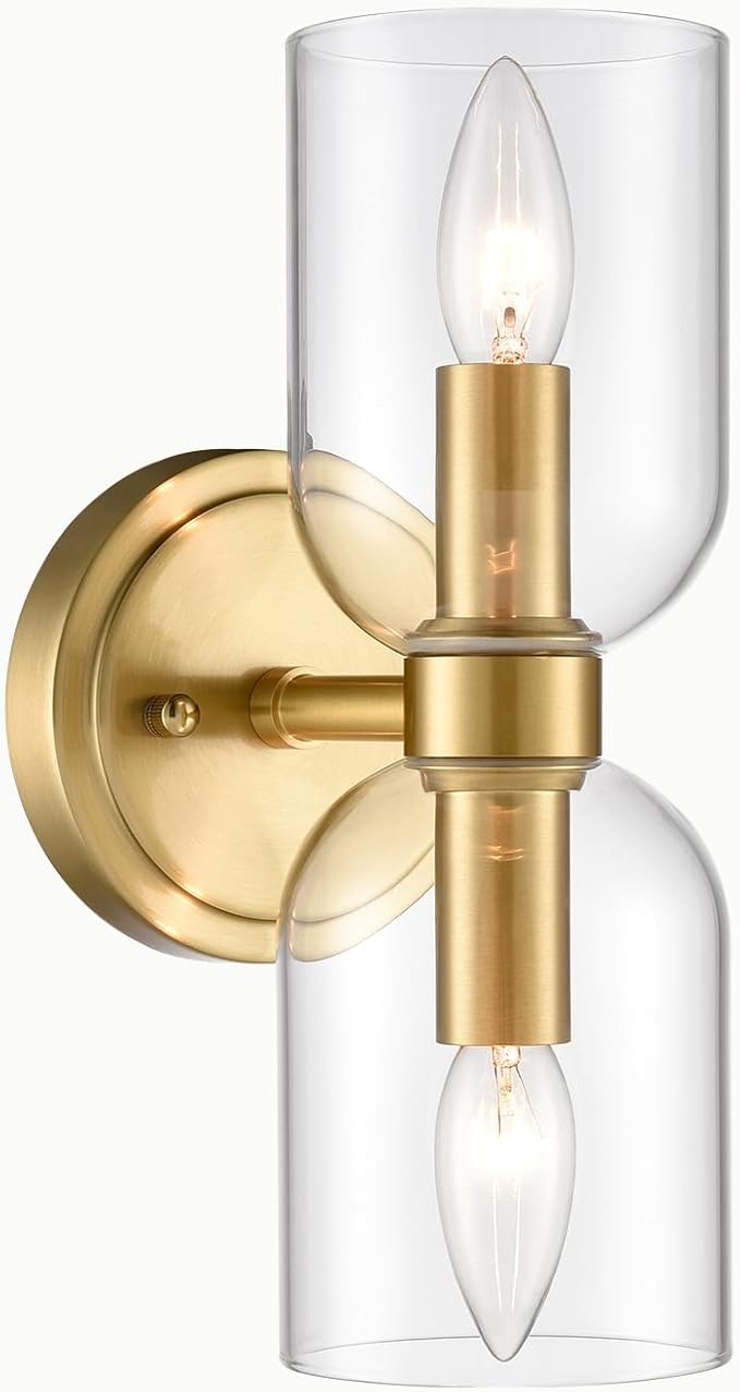 CLAXY Gold Wall Sonce Dimmable E12 Based Wall Lamp for Bathroom with Clear Shades-Vertical and Horizontal Installation