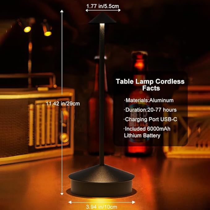 Cordless Table Lamp, 6000mAh Rechargeable Table Lamps, Portable Touch LED Lamp, 3 Color Stepless Dimming Battery Powered Bedside Table Lamps for Restaurant/Patio/Outdoor- Black (1 Pcs Black)
