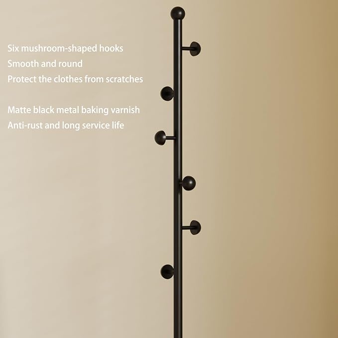 Coat Rack,Metal Free Standing Coat Stand with marble base, Hall Coat Tree with 6 Hooks and Storage Tray,68.9 Inch Tall, for Coats, Hats, Bags, for Entryway, Hallway, Bedroom (black)
