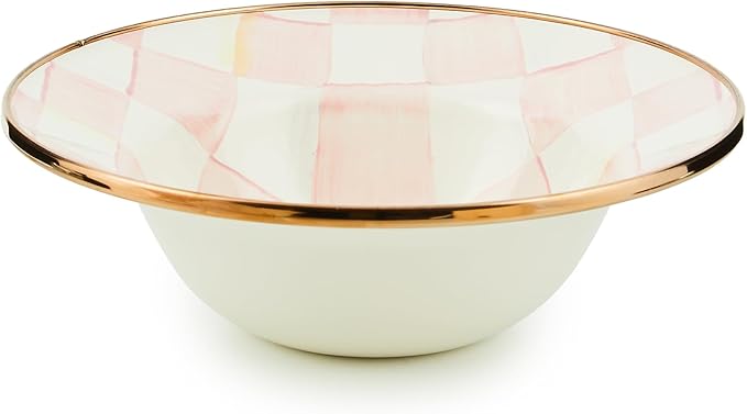 MACKENZIE-CHILDS Enamel Breakfast Bowl, Unique Soup Bowl or Cereal Bowl, Dinnerware, Pink-and-White Rosy Check, Set of 1