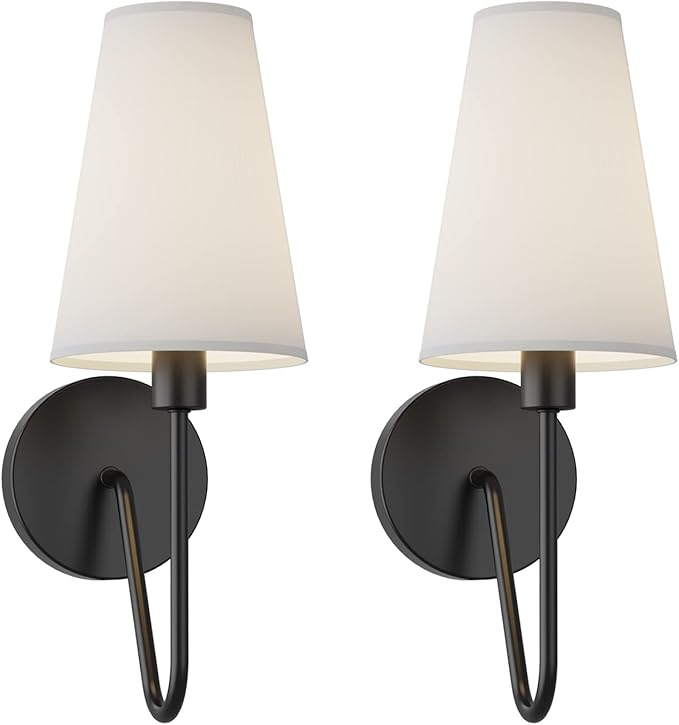Electro bp;Single Head Classic 1 Light Wall Sconce Lighting Fixture Black with Cream White Linen Fabric Lamp Shades E12 40W Hardwired (Set of 2);