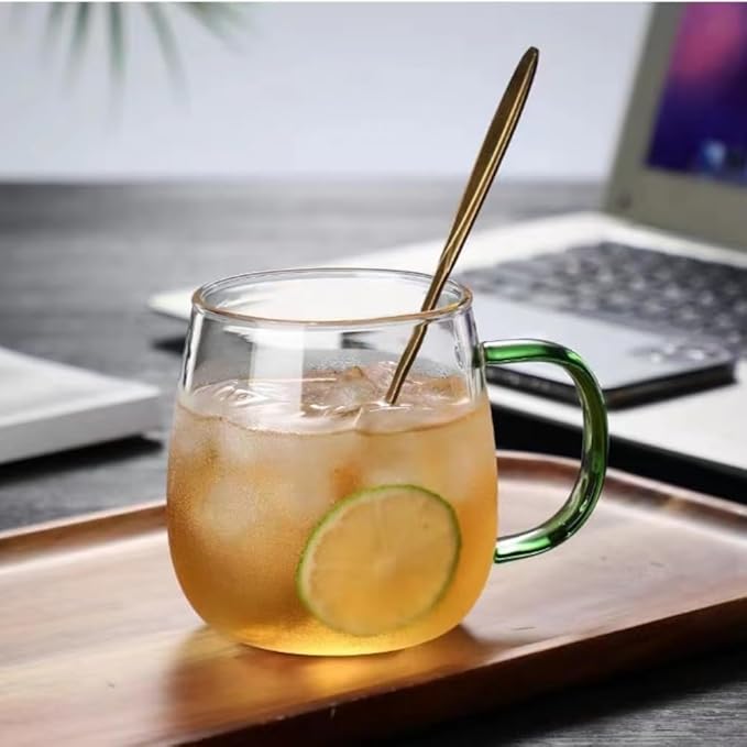 Clear Glass Mug With Green Handle, 16 oz, High Borosilicate Large Coffee Mug for Drinking or as a Gift