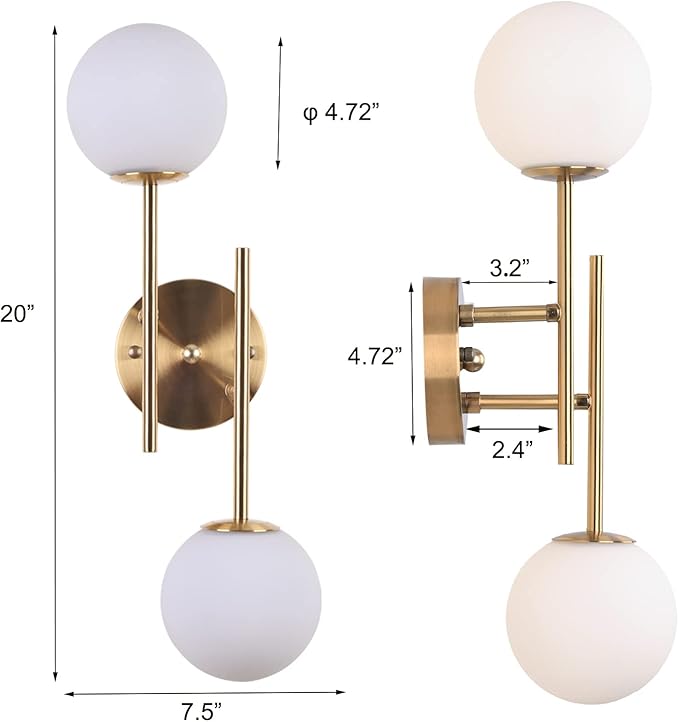 Gold Globe Wall Sconce, 7.5" W x 20" H, G9 Base, Compatible with LED or Halogen Bulbs, Perfect for Bathroom, Kitchen, Living Room, Home Office, Lobby, Bedroom