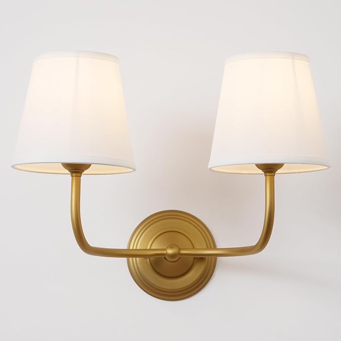 Vintage 2-Lights Fabric Wall Sconce with White Cloth Shade, Double Arm Wall Lamp Fixture for Bathroom Bedroom Living Room Hallway