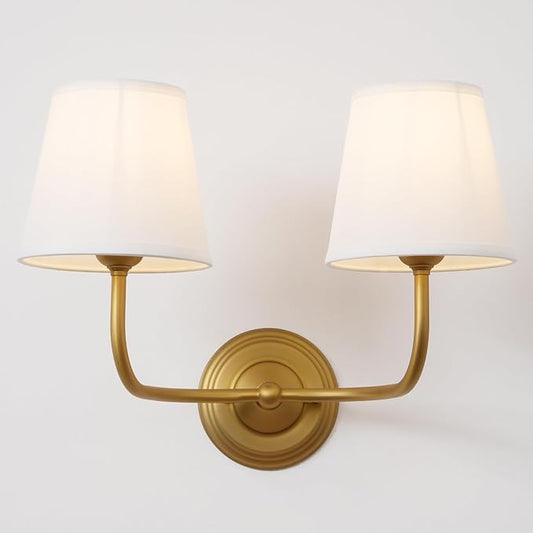 Vintage 2-Lights Fabric Wall Sconce with White Cloth Shade, Double Arm Wall Lamp Fixture for Bathroom Bedroom Living Room Hallway